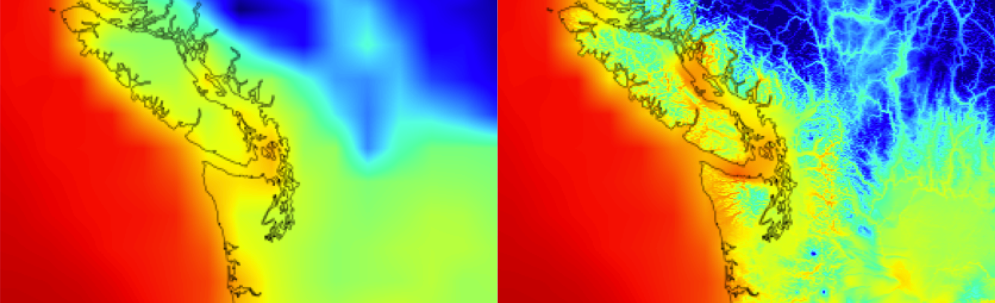 Two temperature maps of Vancouver area with and without alr downscaling.